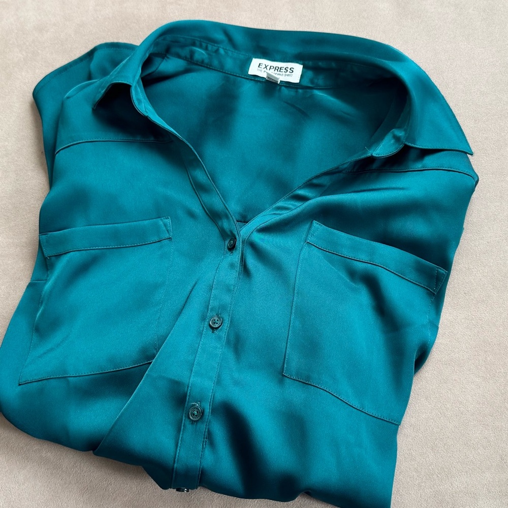 Express The Portofino Shirt satiny silky blouse shirt gorgeous green large - Picture 10 of 10